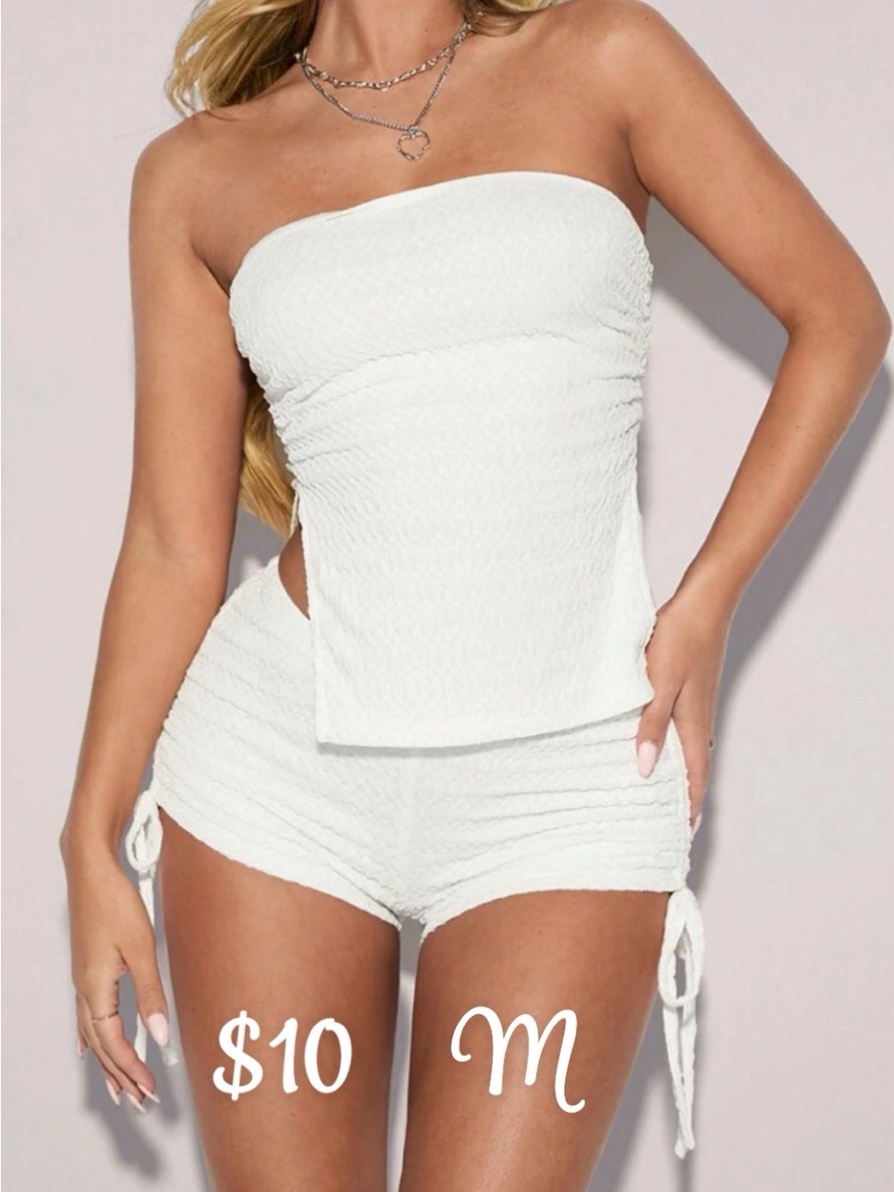 White Strapless Tube Top and Ruched Shorts Set